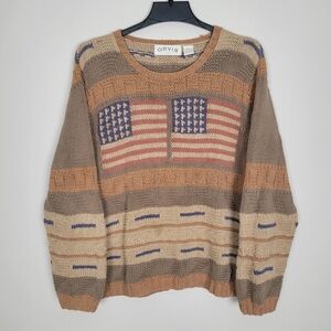 Vintage Orvis American Flag Brown Knit Sweater Women’s Size XL Patriotic USA